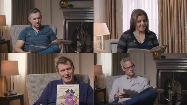 Nina Wadia, Mark Foster, Mark Thompson and Jason Flemyng holding and reading Big Todd books